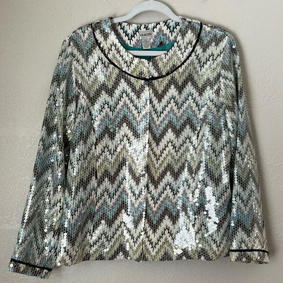 Chicos Ikat Meow Jewel Sequin Jacket Size 2 US 12 Chevron in Seascape Lined - Picture 1 of 7